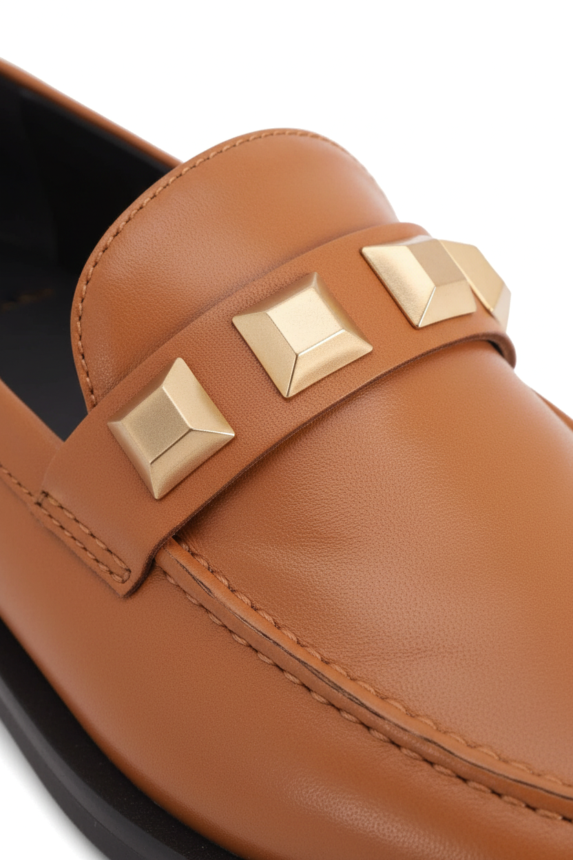 Caetê Caramel Leather Loafers – Gold Studs, 3cm Block Heel