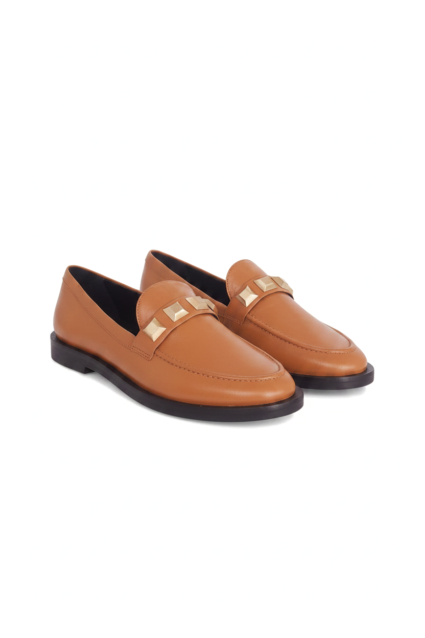 Caetê Caramel Leather Loafers – Gold Studs, 3cm Block Heel
