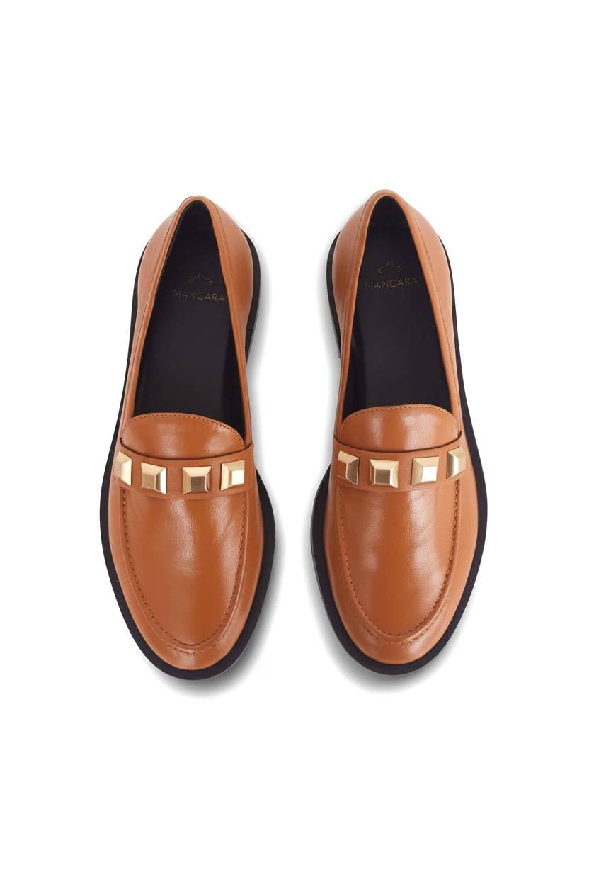 Caetê Caramel Leather Loafers – Gold Studs, 3cm Block Heel