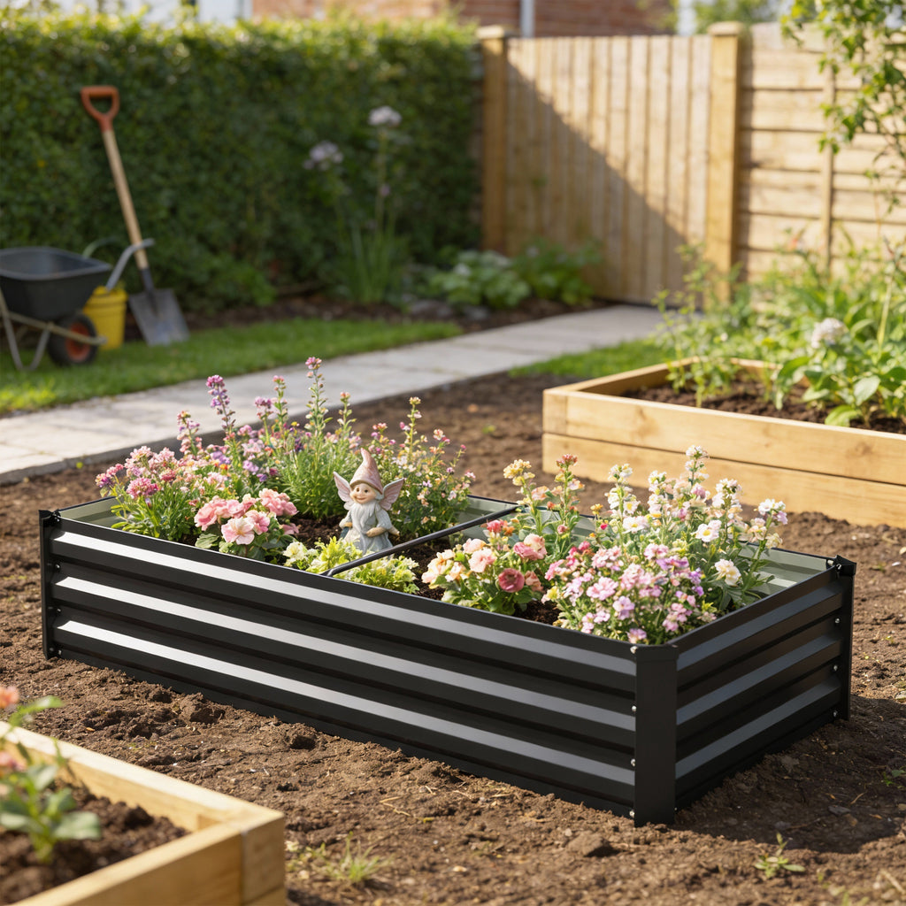 Jardinière rectangulaire potager de jardin en acier galvanisé bordure de sécurité et fond ouvert 150x70x30cm gris foncé
