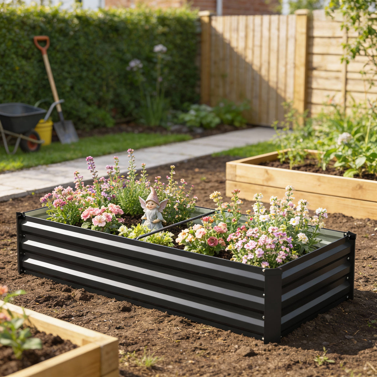 Jardinière rectangulaire potager de jardin en acier galvanisé bordure de sécurité et fond ouvert 150x70x30cm gris foncé