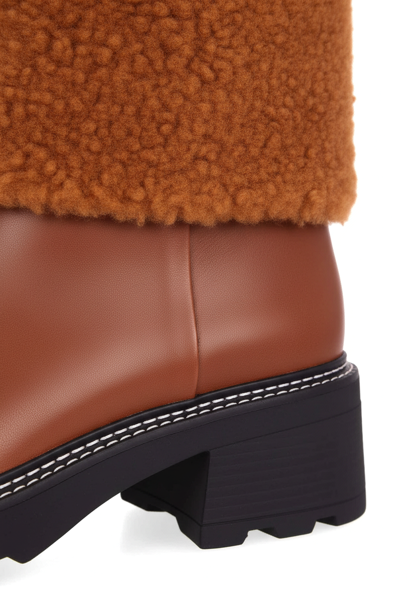 Andira Brown Leather Ankle Boots – Shearling Collar, 5cm Block Heel