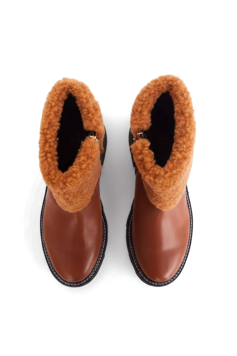 Andira Brown Leather Ankle Boots – Shearling Collar, 5cm Block Heel
