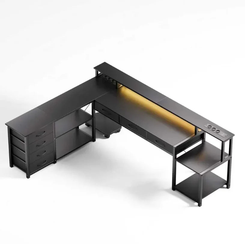 Computer table, Angular desk with drawers, sockets and USB ports, monitor mount and LED lighting. Black/White