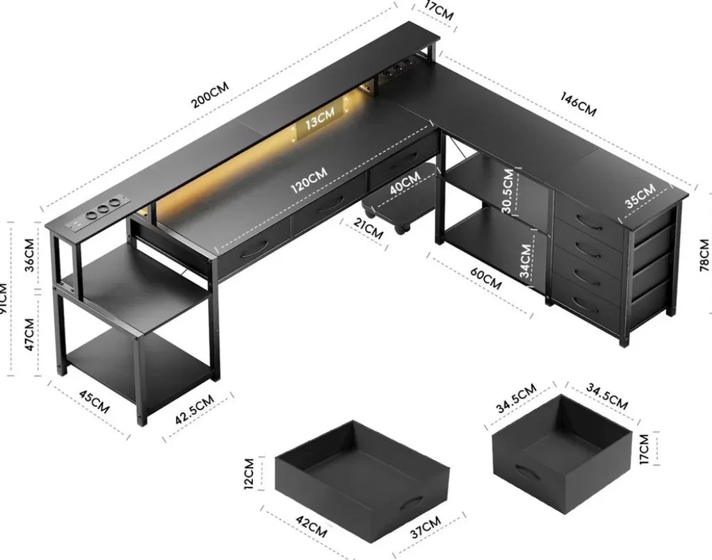 Computer table, Angular desk with drawers, sockets and USB ports, monitor mount and LED lighting. Black/White