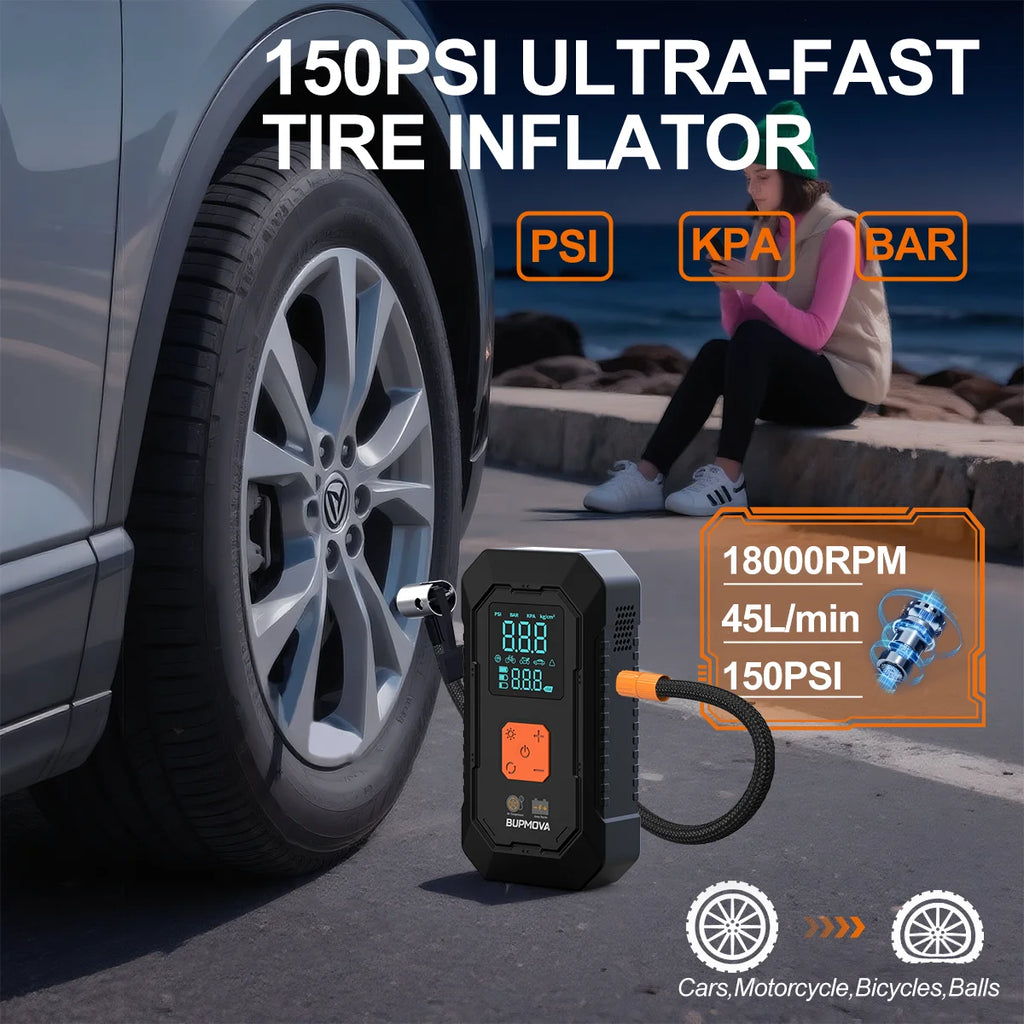 1500A car starter with air compressor, tire inflator without thread, battery booster with external battery pack and LED flashlights, 12V Automatic Start box for tous 10.0L petrol or diesel vehicles