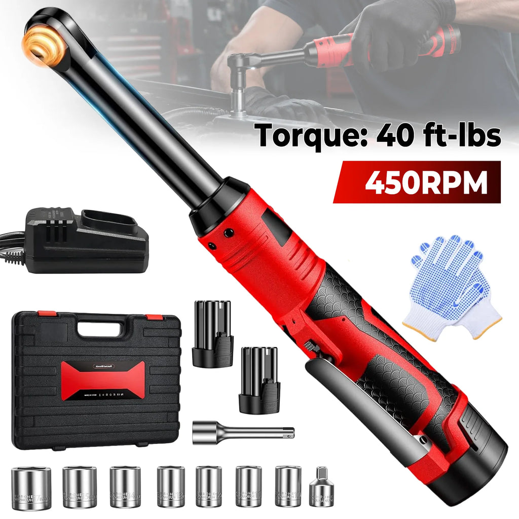 16.8V/18V Cordless Right Angle Ratchet Wrench 450RPM 3/8 Inch Drive Electric Wrench Portable Nut Disassembly Spanner Car Motorcycle Bicycle Repair Maintenance Hand Tool With 2 Lithium Batteries