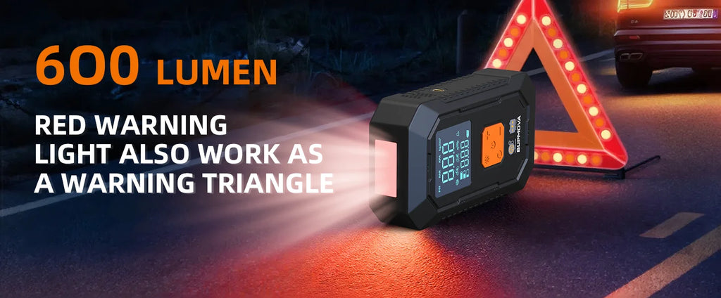 1500A car starter with air compressor, tire inflator without thread, battery booster with external battery pack and LED flashlights, 12V Automatic Start box for tous 10.0L petrol or diesel vehicles