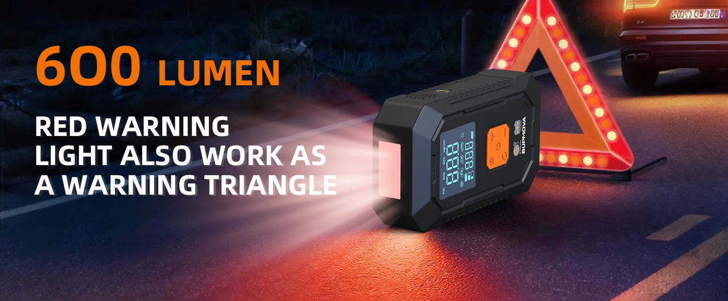 1500A car starter with air compressor, tire inflator without thread, battery booster with external battery pack and LED flashlights, 12V Automatic Start box for tous 10.0L petrol or diesel vehicles