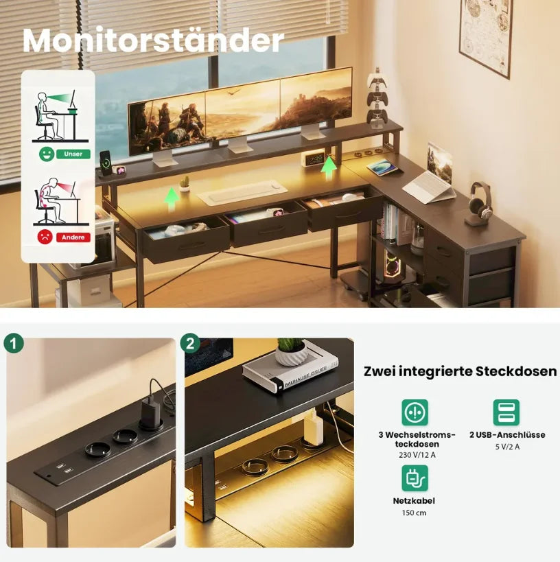 Computer table, Angular desk with drawers, sockets and USB ports, monitor mount and LED lighting. Black/White