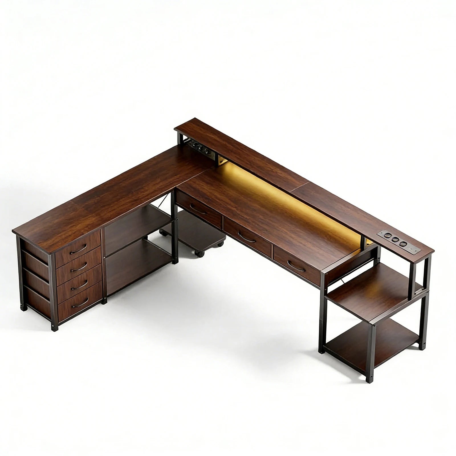 Computer table, Angular desk with drawers, sockets and USB ports, monitor mount and LED lighting. Black/White