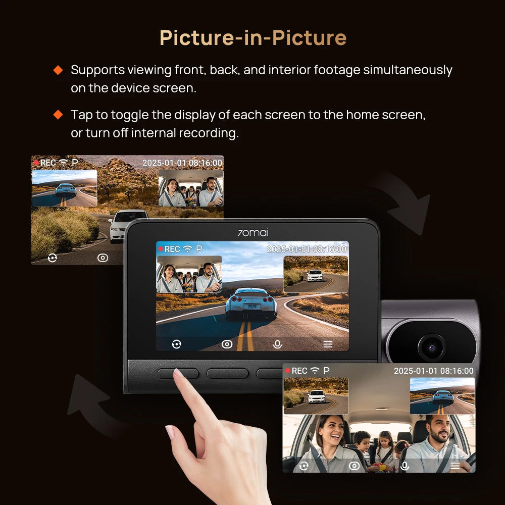 70mai T800 3-Channel HDR Car DVR Front 4K+Rear 4K/1080P+Interior 1080P Voice Control Super Capacitor GPS ADAS Support 4G Wifi 6