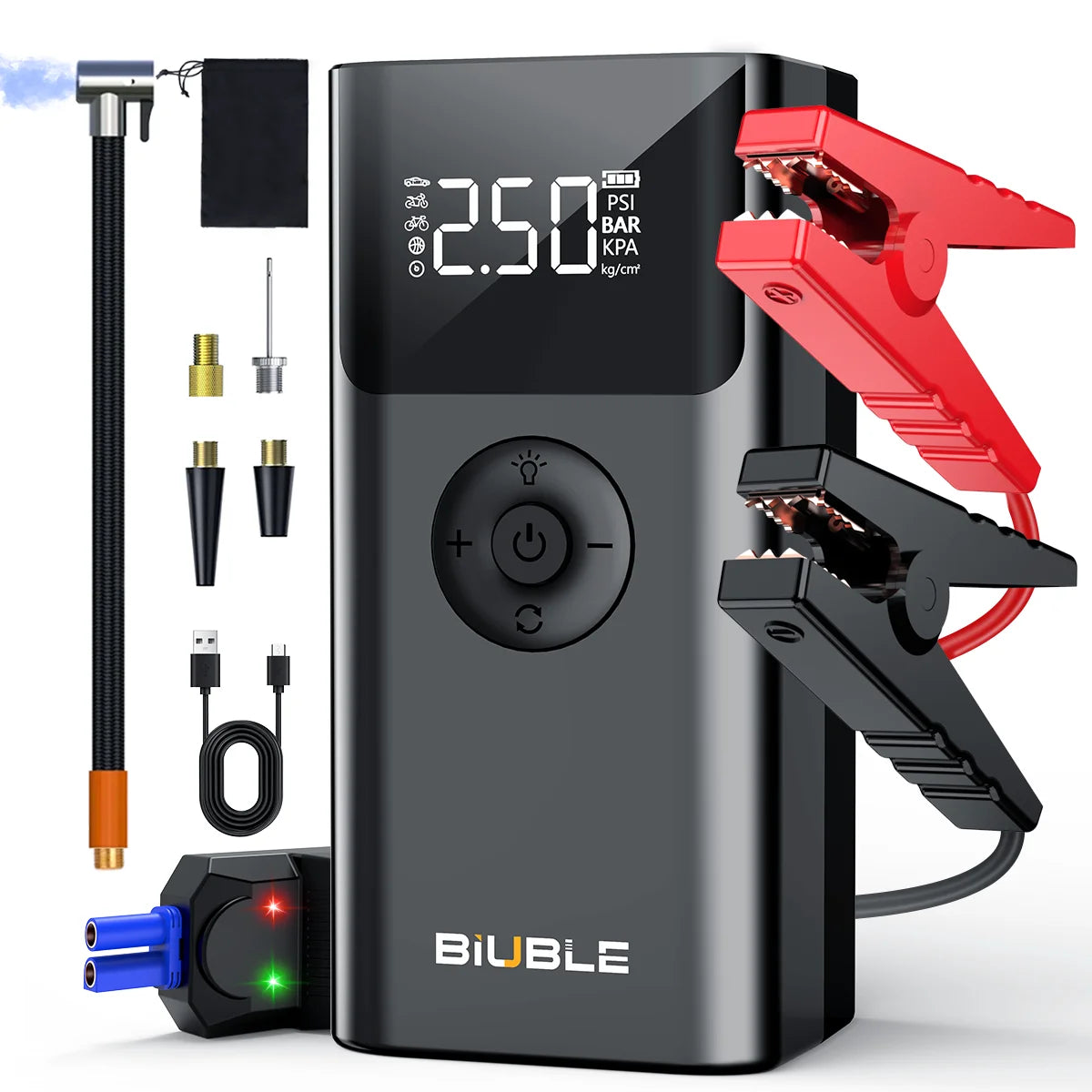 1500A car starter with air compressor, tire inflator without thread, battery booster with external battery pack and LED flashlights, 12V Automatic Start box for tous 10.0L petrol or diesel vehicles