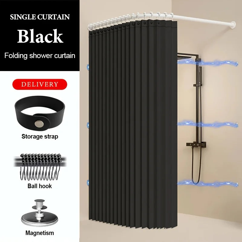 Magnetic Foldable Linen Bath Curtain Waterproof for Walk-In Shower - No Included Adjustable Rod