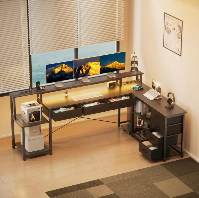 Computer table, Angular desk with drawers, sockets and USB ports, monitor mount and LED lighting. Black/White