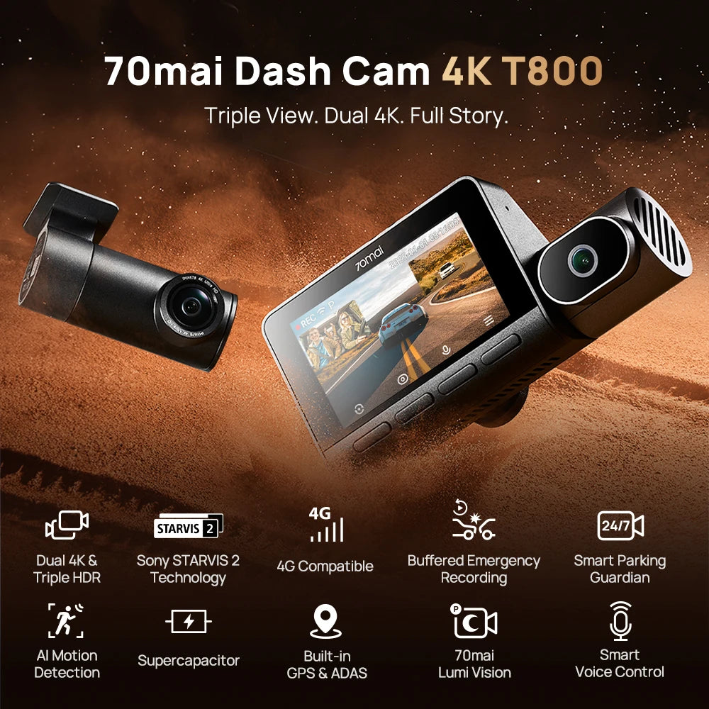 70mai T800 3-Channel HDR Car DVR Front 4K+Rear 4K/1080P+Interior 1080P Voice Control Super Capacitor GPS ADAS Support 4G Wifi 6