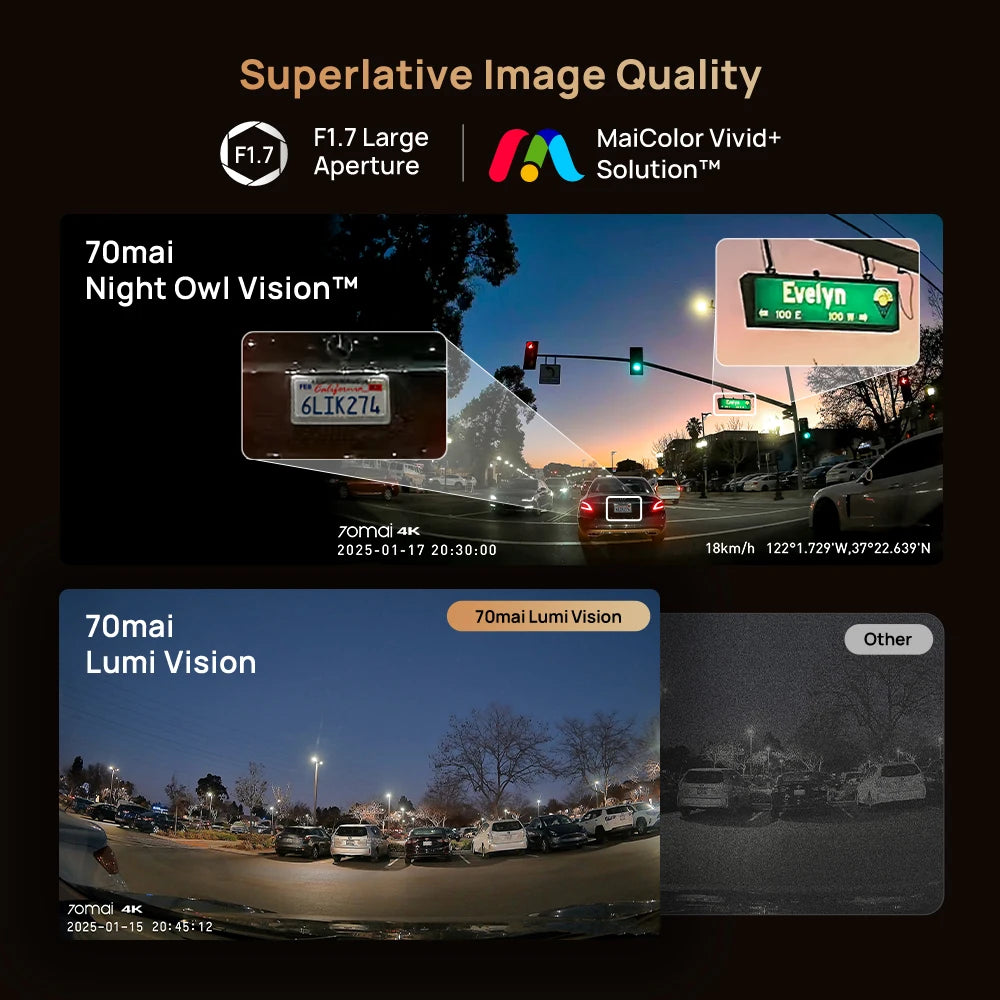 70mai T800 3-Channel HDR Car DVR Front 4K+Rear 4K/1080P+Interior 1080P Voice Control Super Capacitor GPS ADAS Support 4G Wifi 6