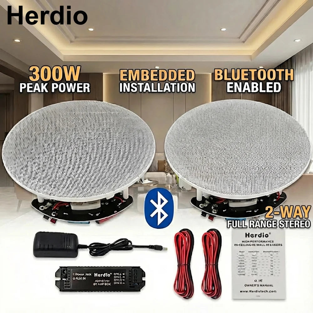 Herdio 2PCS 6.5 Inch Home Audio 300W Ceiling Bluetooth Speaker Home Recessed Speaker System For Indoor Kitchen Bedroom Bathroom
