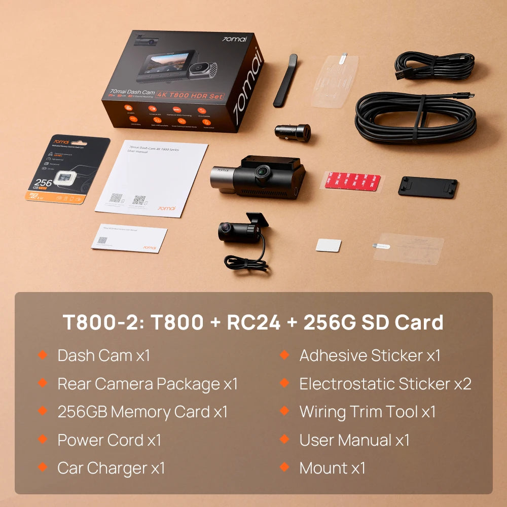 70mai T800 3-Channel HDR Car DVR Front 4K+Rear 4K/1080P+Interior 1080P Voice Control Super Capacitor GPS ADAS Support 4G Wifi 6