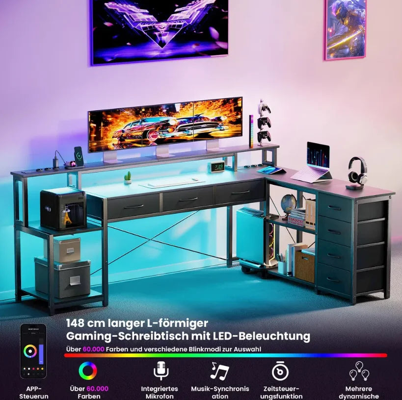 Computer table, Angular desk with drawers, sockets and USB ports, monitor mount and LED lighting. Black/White