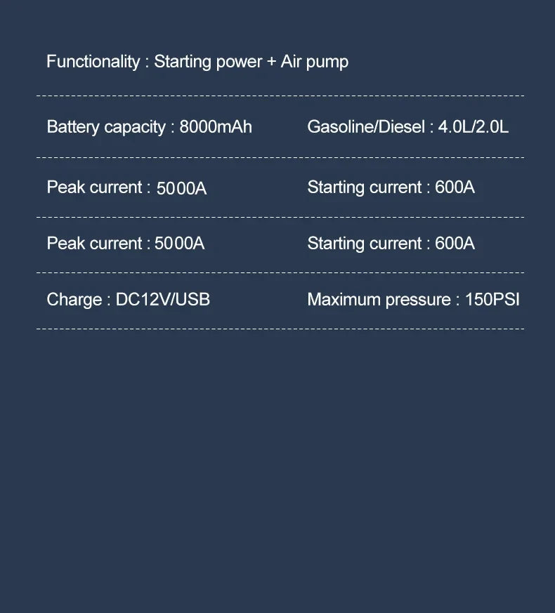 EAFC 150PSI Air Pump Car Battery Emergency Boosters 5000A Car Jump Starter Power Bank Portable Starting Device Car Starter