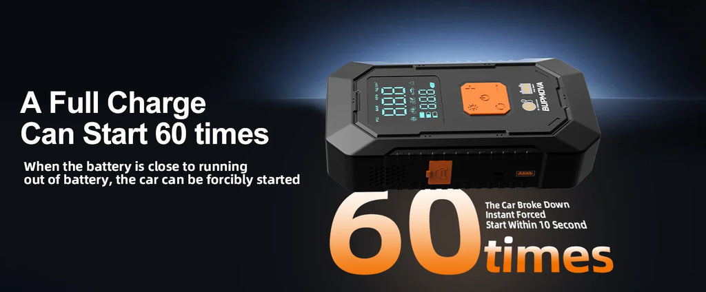1500A car starter with air compressor, tire inflator without thread, battery booster with external battery pack and LED flashlights, 12V Automatic Start box for tous 10.0L petrol or diesel vehicles