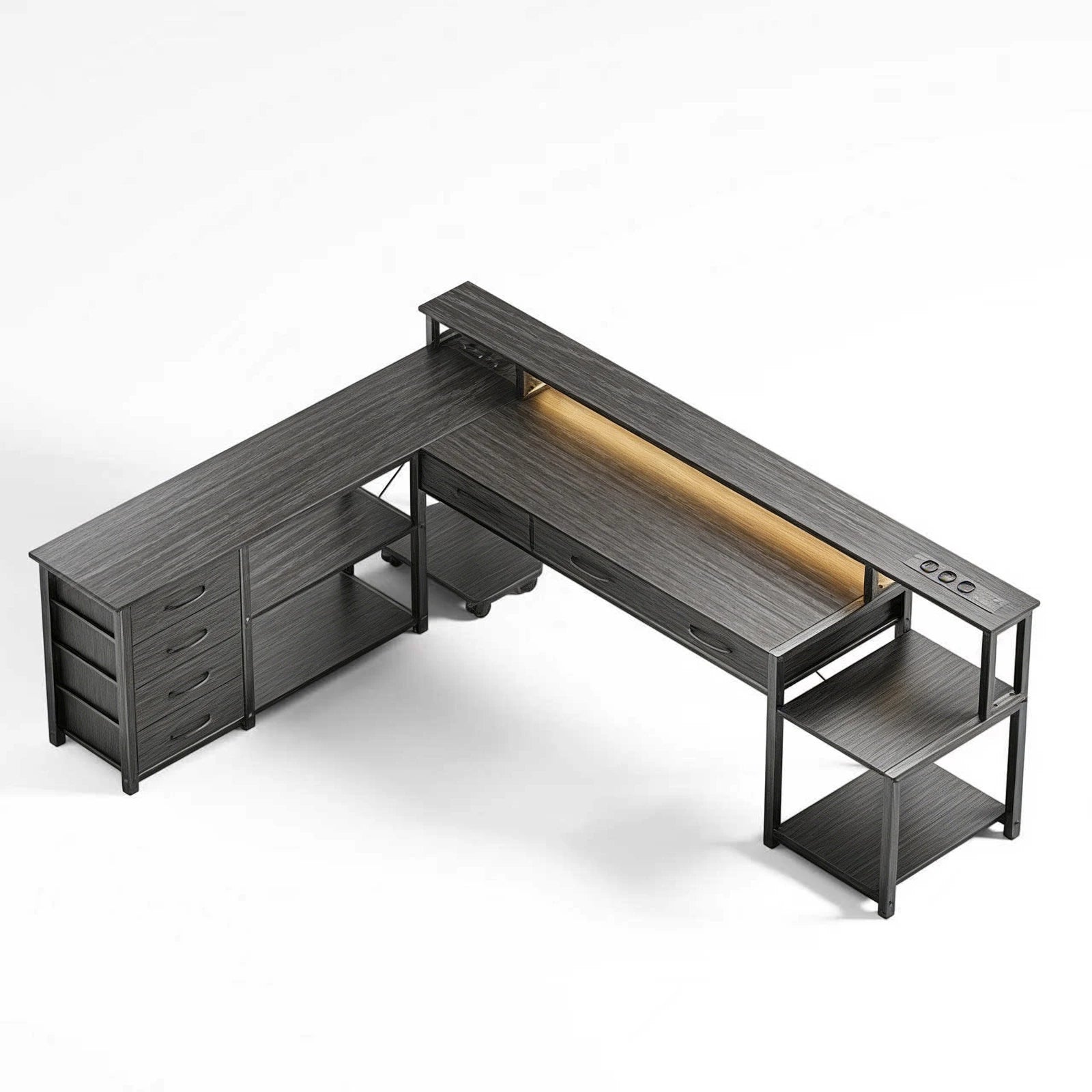 Computer table, Angular desk with drawers, sockets and USB ports, monitor mount and LED lighting. Black/White