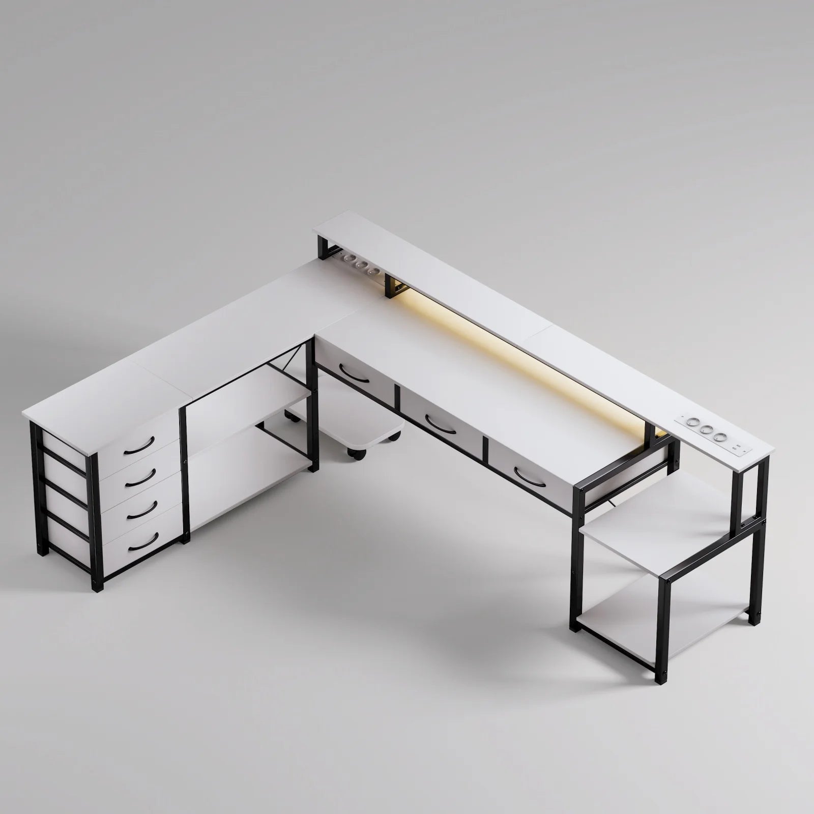 Computer table, Angular desk with drawers, sockets and USB ports, monitor mount and LED lighting. Black/White