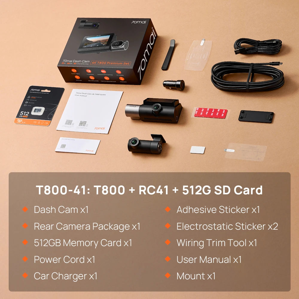 70mai T800 3-Channel HDR Car DVR Front 4K+Rear 4K/1080P+Interior 1080P Voice Control Super Capacitor GPS ADAS Support 4G Wifi 6