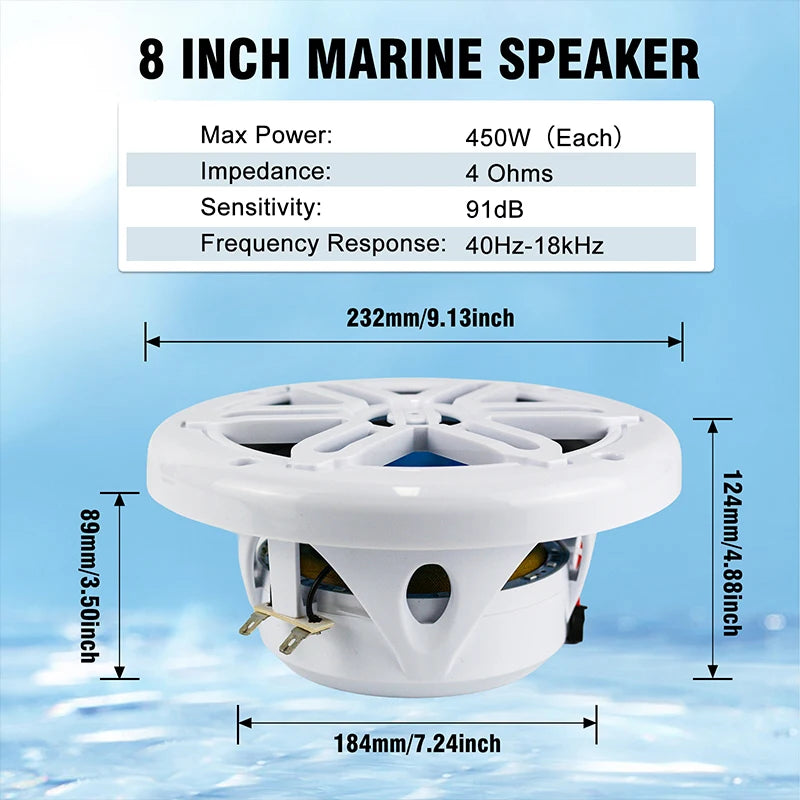 Haut-parleur marin Herdio 8 pouces 450W coaxial étanche IP66 avec lumière LED bleue pour bateaux, VTT UTV résistant aux UV blanc