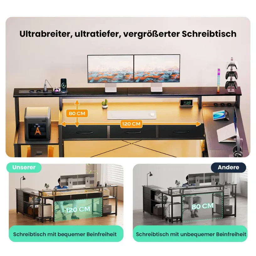 Computer table, Angular desk with drawers, sockets and USB ports, monitor mount and LED lighting. Black/White