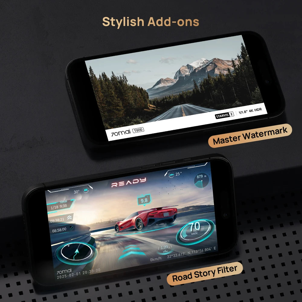 70mai T800 3-Channel HDR Car DVR Front 4K+Rear 4K/1080P+Interior 1080P Voice Control Super Capacitor GPS ADAS Support 4G Wifi 6