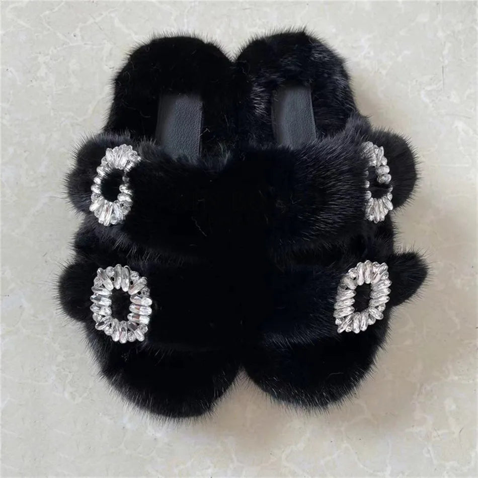 Summer 100% Mink Fur Slippers High-End Luxury Customization 2024 Women's Shoes Flat Fashion Flat Heel Luxury Fluffy Sandals
