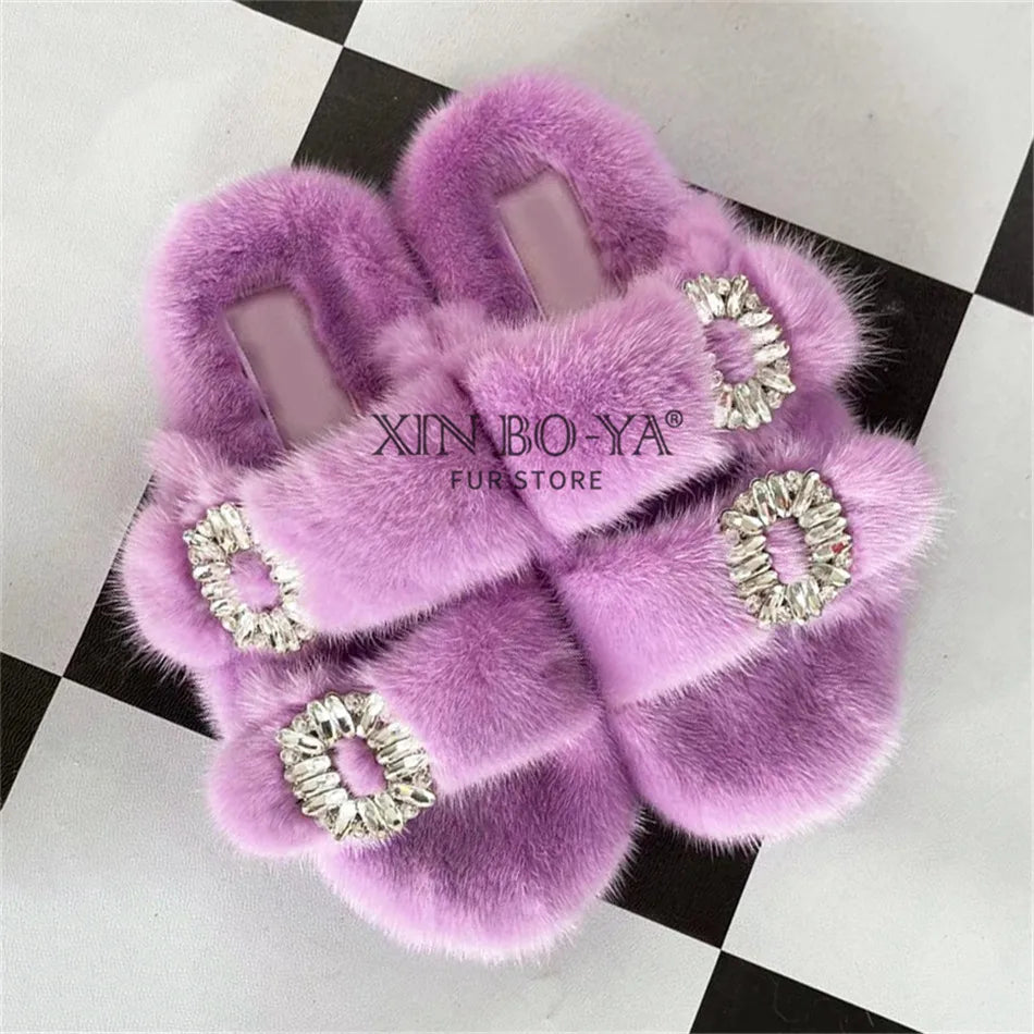 Summer 100% Mink Fur Slippers High-End Luxury Customization 2024 Women's Shoes Flat Fashion Flat Heel Luxury Fluffy Sandals