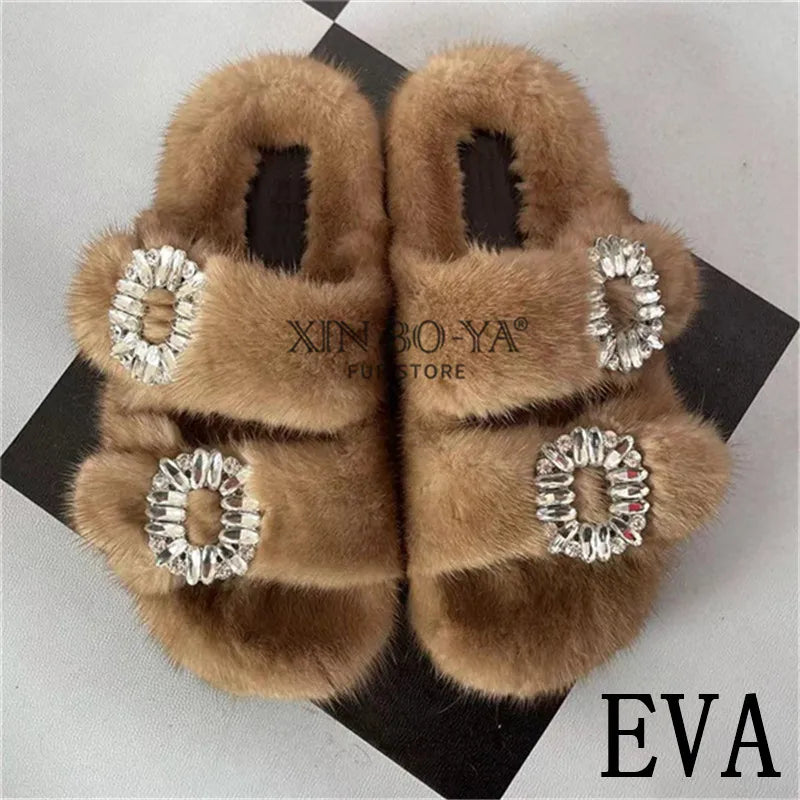 Summer 100% Mink Fur Slippers High-End Luxury Customization 2024 Women's Shoes Flat Fashion Flat Heel Luxury Fluffy Sandals