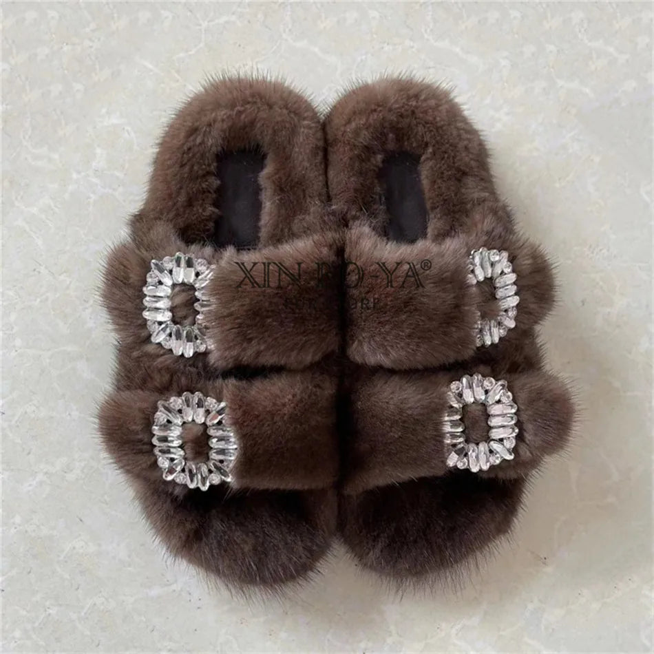 Summer 100% Mink Fur Slippers High-End Luxury Customization 2024 Women's Shoes Flat Fashion Flat Heel Luxury Fluffy Sandals
