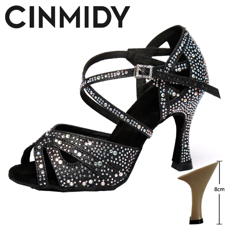 CINMIDY Rhinestone Latin Dance Shoes Tango Ballroom Dance Shoes Ladies High Heels Soft Sole Women Sandals  Wedding Shoes Women
