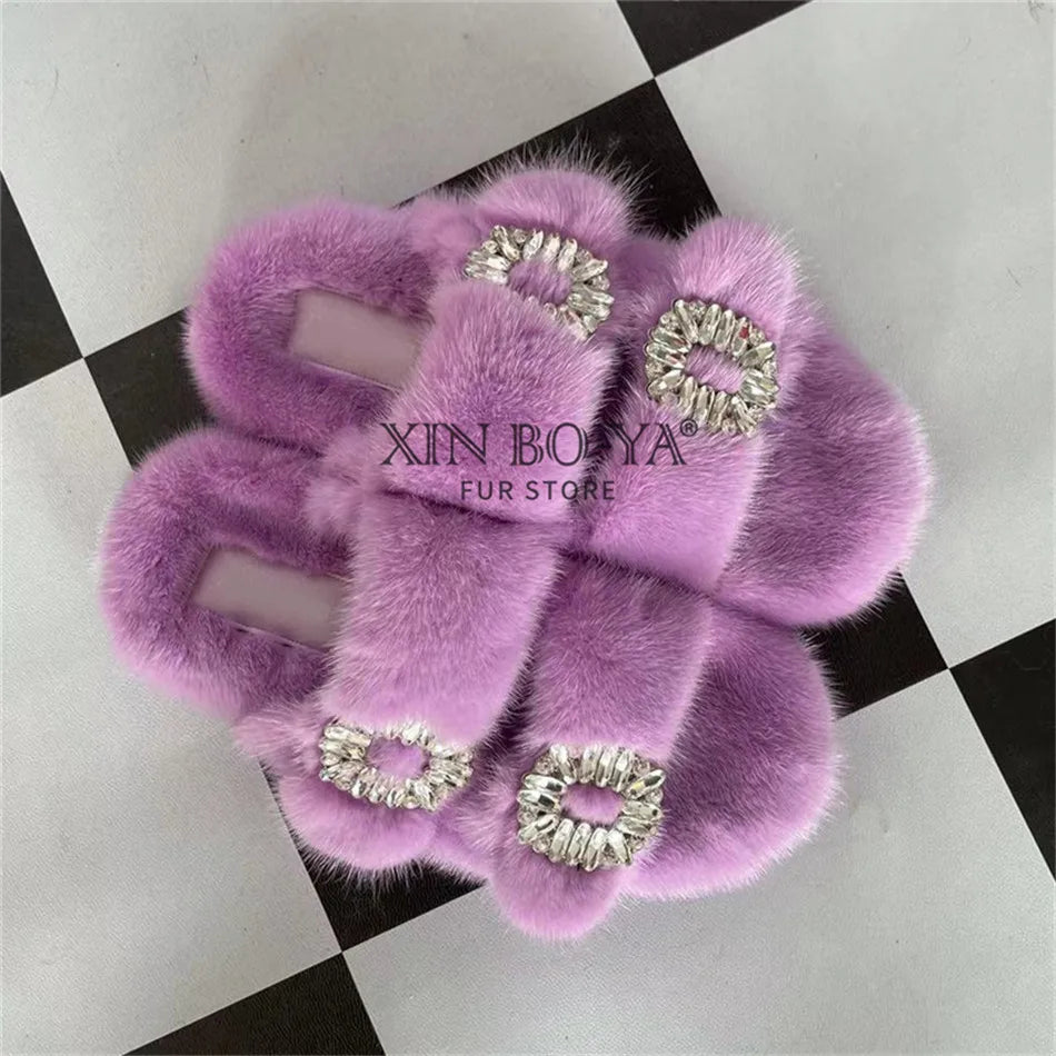 Summer 100% Mink Fur Slippers High-End Luxury Customization 2024 Women's Shoes Flat Fashion Flat Heel Luxury Fluffy Sandals