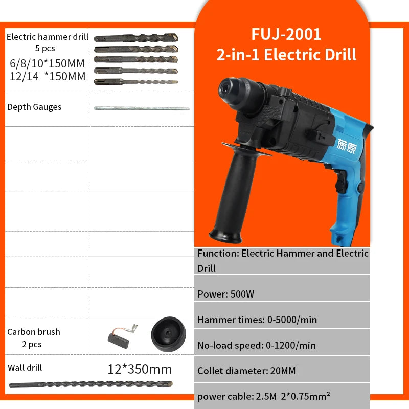 Marteau piqueur électrique trois fonctions FUJIWARA 500-800W, puissant, outils de décoration intérieure