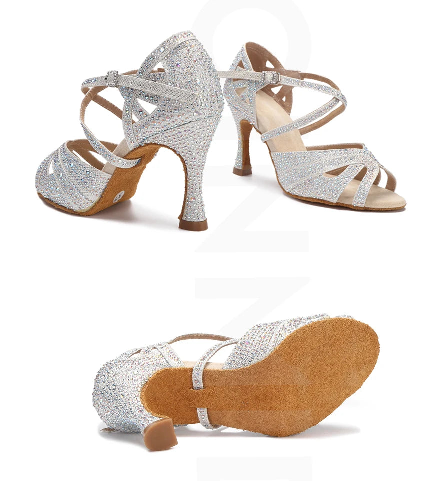 CINMIDY Rhinestone Latin Dance Shoes Tango Ballroom Dance Shoes Ladies High Heels Soft Sole Women Sandals  Wedding Shoes Women