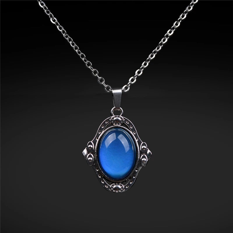 Mood Necklaces Retro Palace Elliptic Jewelry Pendant Necklace Temperature Control Color Change Necklace Stainless Steel Chain
