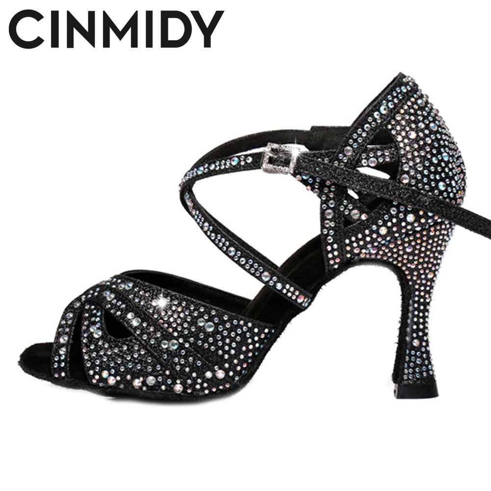 CINMIDY Rhinestone Latin Dance Shoes Tango Ballroom Dance Shoes Ladies High Heels Soft Sole Women Sandals  Wedding Shoes Women