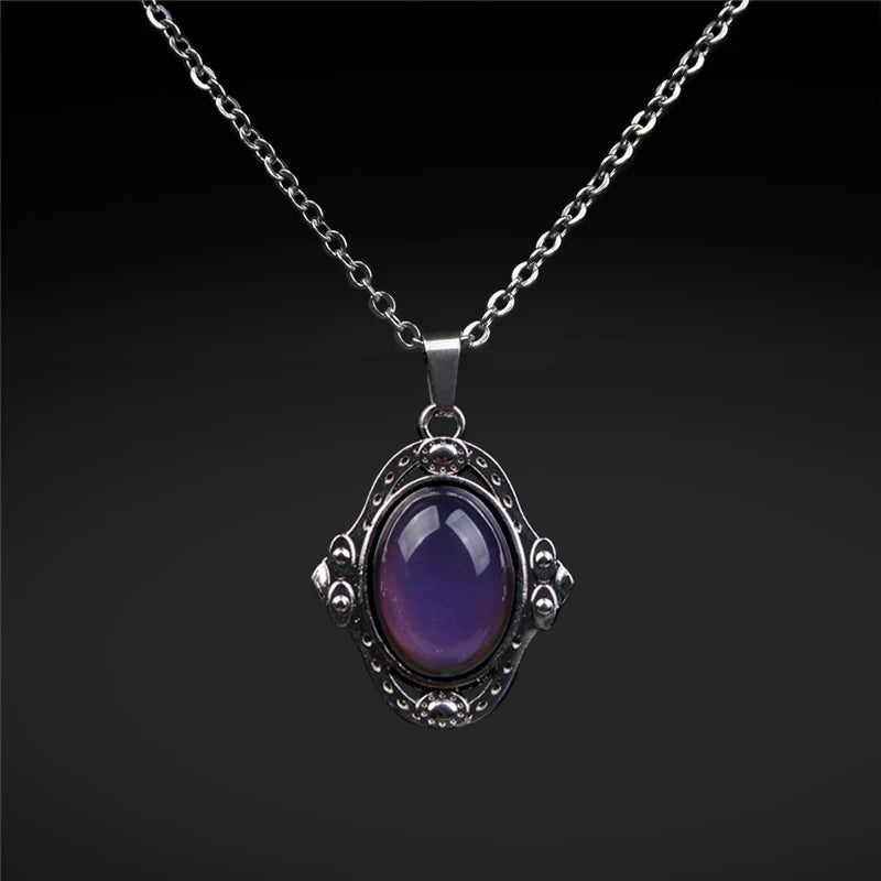 Mood Necklaces Retro Palace Elliptic Jewelry Pendant Necklace Temperature Control Color Change Necklace Stainless Steel Chain