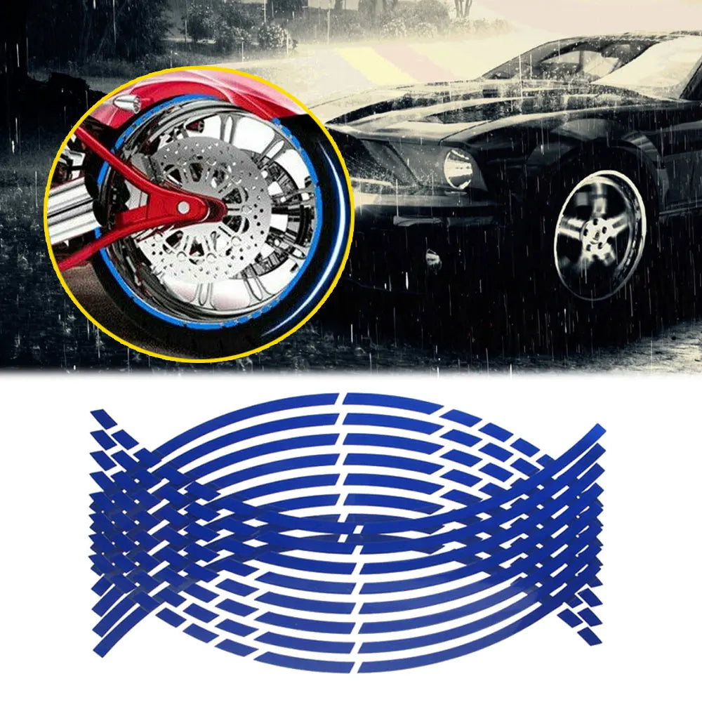 16Pc Motorcycle Bike Car Tire Reflective Stickers Cool Styling Tyre Rim Trim Decal Strip Tape Red Blue Waterproof Exterior Parts