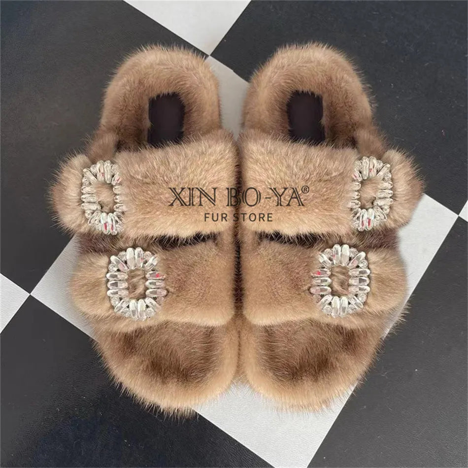 Summer 100% Mink Fur Slippers High-End Luxury Customization 2024 Women's Shoes Flat Fashion Flat Heel Luxury Fluffy Sandals