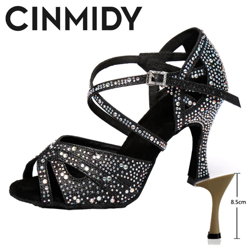 CINMIDY Rhinestone Latin Dance Shoes Tango Ballroom Dance Shoes Ladies High Heels Soft Sole Women Sandals  Wedding Shoes Women