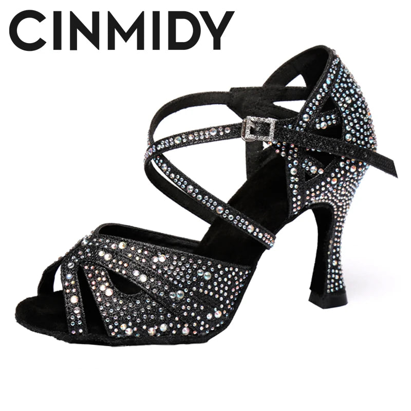 CINMIDY Rhinestone Latin Dance Shoes Tango Ballroom Dance Shoes Ladies High Heels Soft Sole Women Sandals  Wedding Shoes Women