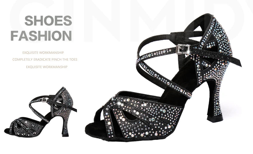 CINMIDY Rhinestone Latin Dance Shoes Tango Ballroom Dance Shoes Ladies High Heels Soft Sole Women Sandals  Wedding Shoes Women