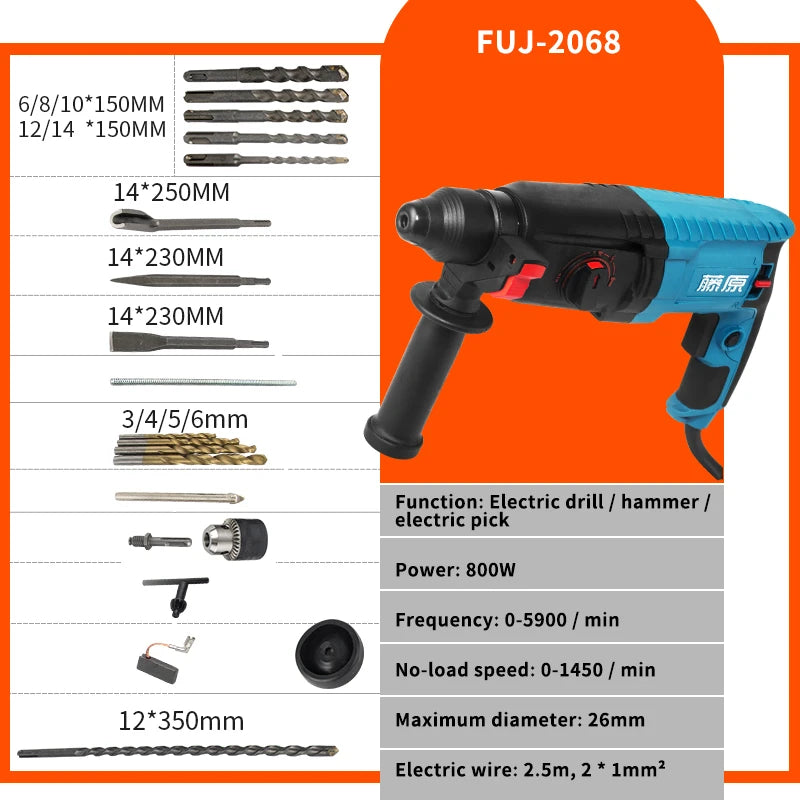 FUJIWARA Three-Functions Electric Hammer Pick Impact Drill 500-800W High Power Home Decoration Tools