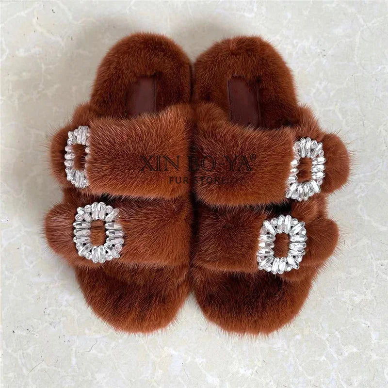 Summer 100% Mink Fur Slippers High-End Luxury Customization 2024 Women's Shoes Flat Fashion Flat Heel Luxury Fluffy Sandals